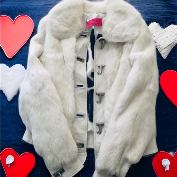 VINTAGE JUICY COUTURE Y2K WHITE RABBIT FUR COAT LEATHER JACKET NEW VIVA LA JUICY - Picture 4 of 17
